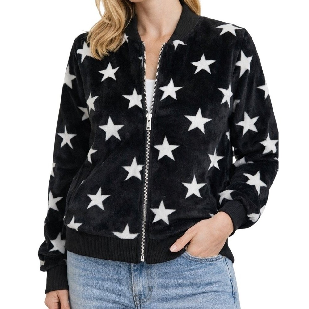 Chaser‎ NWT Star Print Plush Bomber Jacket XS Black White Cozy Faux Fur Zip New